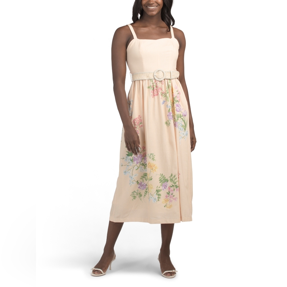 NWT - Taylor Linen Blend Scallop Trim Melon Floral Midi Dress w Rattan Belt - 16